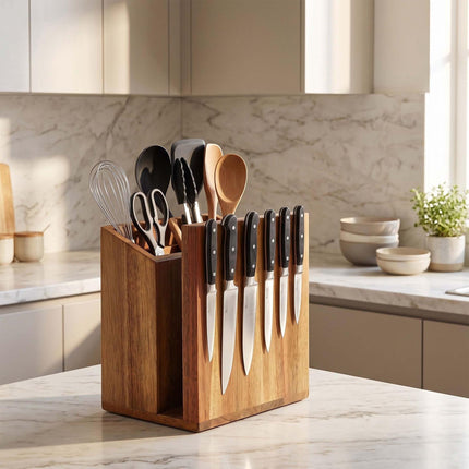 Magnetic Knife Block with Utensil Holder, Acacia Wood, Brown