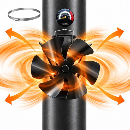 Magnetic Stove Fan for Flue Pipes with Thermometer, Black, 6 Blades