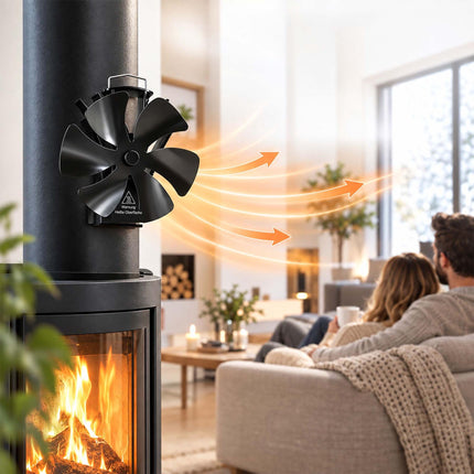 Magnetic Stove Fan for Flue Pipes with Thermometer, Black, 6 Blades