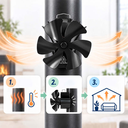 Magnetic Stove Fan for Flue Pipes with Thermometer, Black, 6 Blades