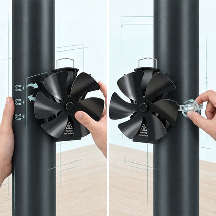 Magnetic Stove Fan for Flue Pipes with Thermometer, Black, 6 Blades