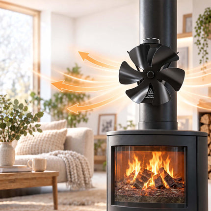 Magnetic Stove Fan for Flue Pipes with Thermometer, Black, 6 Blades