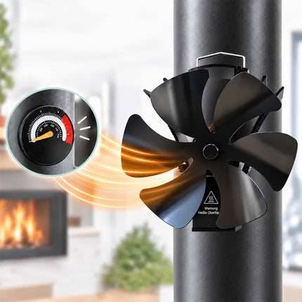 Magnetic Stove Fan for Flue Pipes with Thermometer, Black, 6 Blades