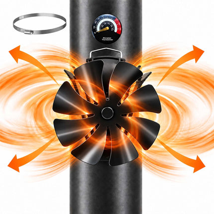 Magnetic Stove Pipe Fan with Clamp and Thermometer, 8 Blades, Black