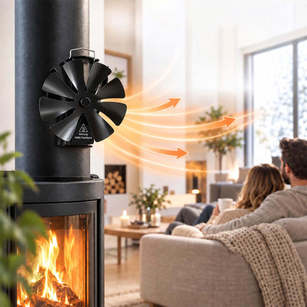 Magnetic Stove Pipe Fan with Clamp and Thermometer, 8 Blades, Black
