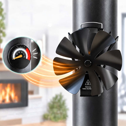 Magnetic Stove Pipe Fan with Clamp and Thermometer, 8 Blades, Black