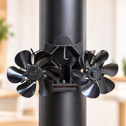 Magnetic Stove Pipe Fan with Twin Motor and 12 Blades, Black, Incl. Hose Clamp