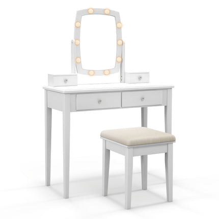 Set de machiaj vanity, oglindă LED cu 3 culori, taburet, 4 sertare