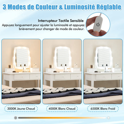 Set de machiaj vanity, oglindă LED cu 3 culori, taburet, 4 sertare
