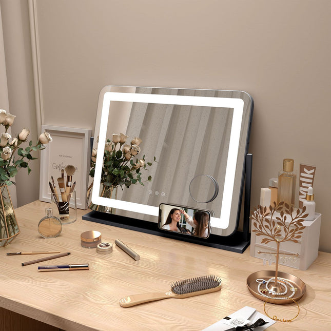 LED makeup mirror, 3 bright colors, 10X magnification, black