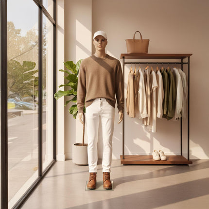 Manechin masculin cu suport – brațe mobile, bază din sticlă