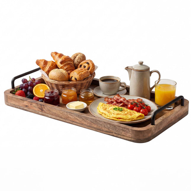 Tavă de servire din lemn de mango cu mânere metalice, 50x25 cm