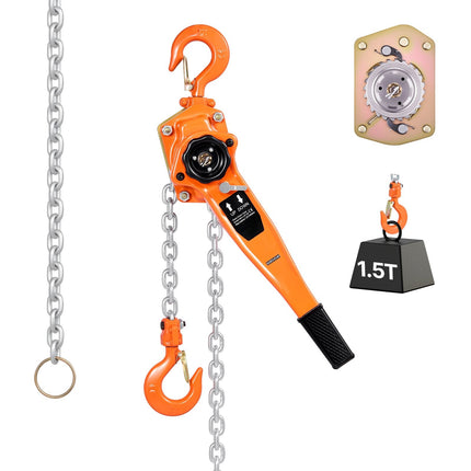 Manual Lever Chain Hoist 1.5T, 3 m G80 Chain, Dual Pawl Brake