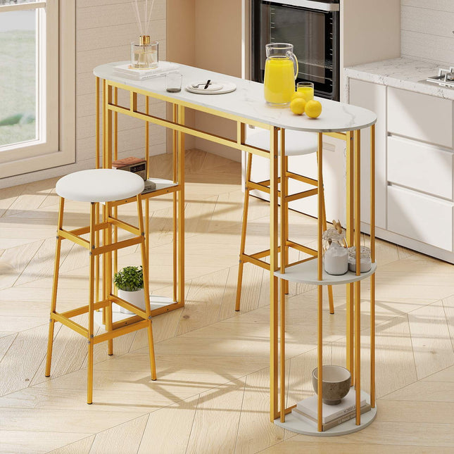 Masă de bar cu aspect de marmură, 150 cm, cadru auriu, 4 rafturi