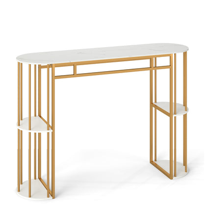 Masă de bar cu aspect de marmură, 150 cm, cadru auriu, 4 rafturi