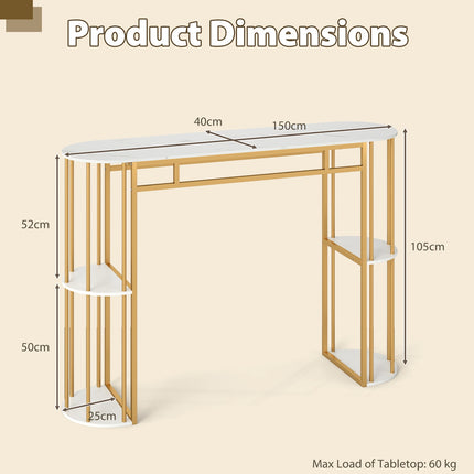 Masă de bar cu aspect de marmură, 150 cm, cadru auriu, 4 rafturi