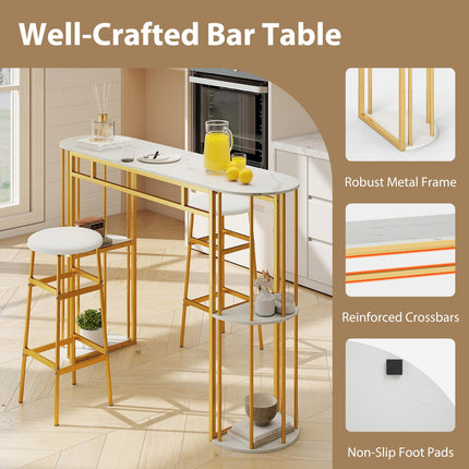 Masă de bar cu aspect de marmură, 150 cm, cadru auriu, 4 rafturi