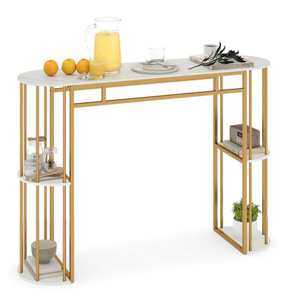 Masă de bar cu aspect de marmură, 150 cm, cadru auriu, 4 rafturi