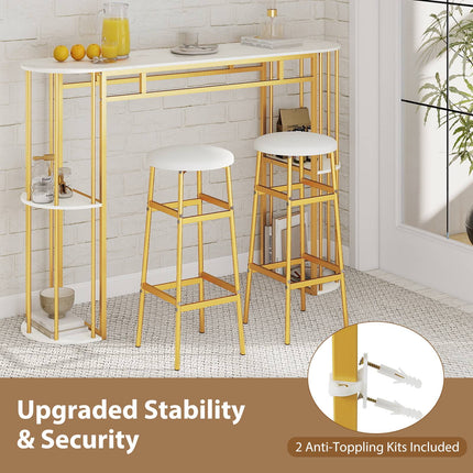 Masă de bar cu aspect de marmură, 150 cm, cadru auriu, 4 rafturi