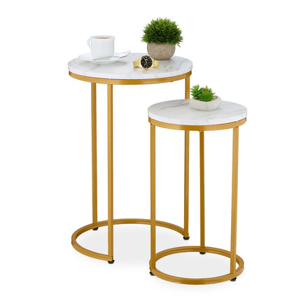 Mese de cuib cu aspect marmură, set de 2, picioare metalice