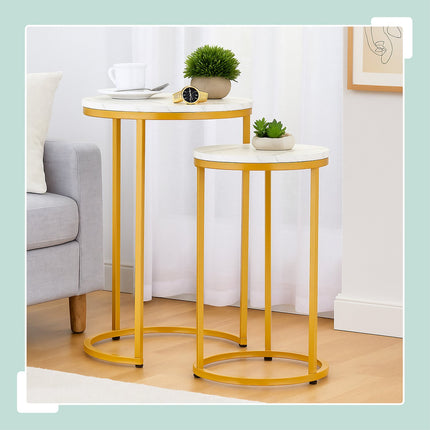 Mese de cuib cu aspect marmură, set de 2, picioare metalice