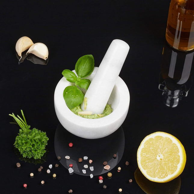 Mortar și pistil din marmură – interior rotund, neșlefuit