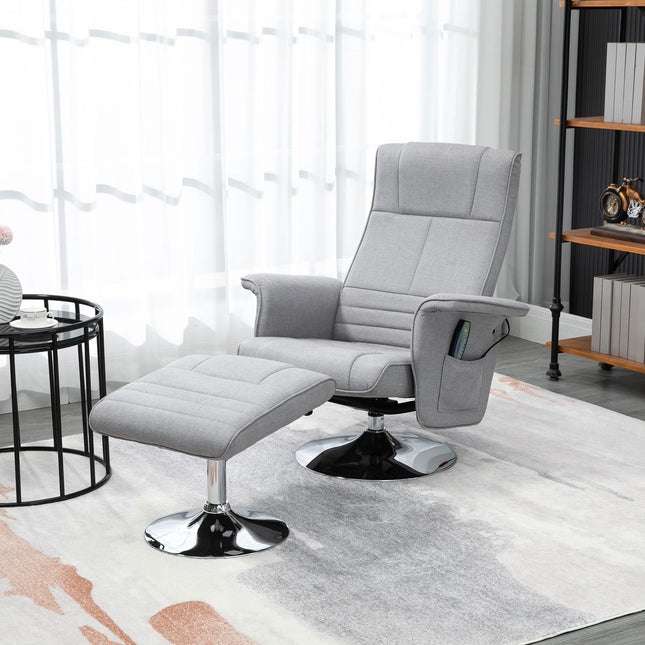Reclining massage chair with footstool, light gray linen