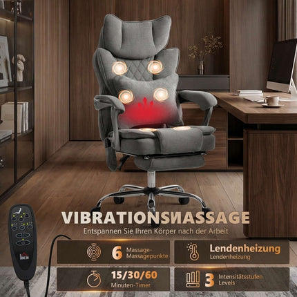 Massage Office Chair with Heat, Lumbar Pillow and Footrest, Up to 180 kg, Grey