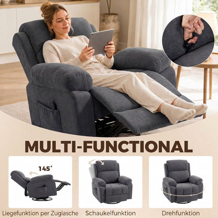 Massage Recliner Chair with Heat, 360° Swivel and Rocking, Dark Grey, Chenille