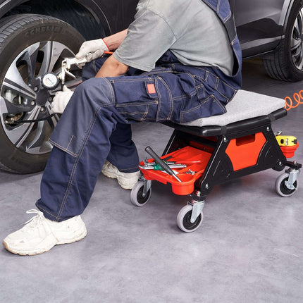 Mechanic Rolling Stool 300 lb, 4 in Wheels, Tool Trays