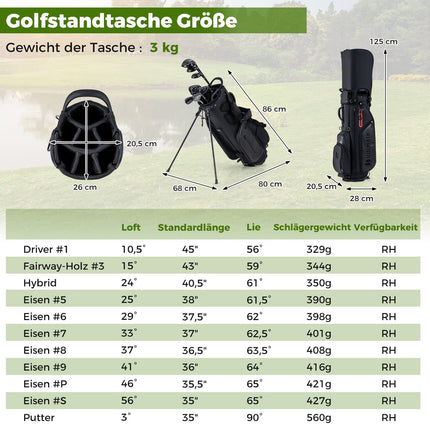 Set de crose de golf pentru bărbați, dreptaci, cu sac de suport