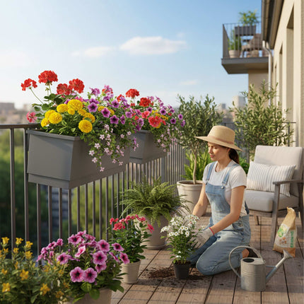 Ghivece metalice pentru balcon, set de 2, cu sistem de drenaj