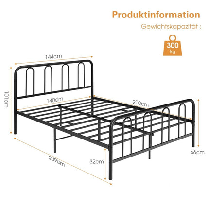 Cadru de pat metalic cu tăblie și picior Pat modern cu platformă 209 x 144 x 101 cm Negru