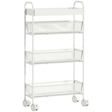 Cărucior de bucătărie metalic, 3 coșuri, design subțire, 4 roți, alb