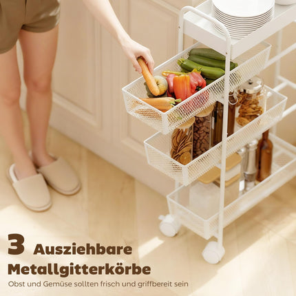 Cărucior de bucătărie metalic, 3 coșuri, design subțire, 4 roți, alb