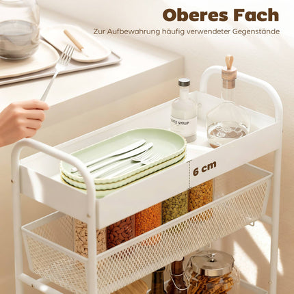 Cărucior de bucătărie metalic, 3 coșuri, design subțire, 4 roți, alb