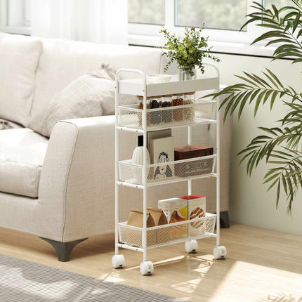 Cărucior de bucătărie metalic, 3 coșuri, design subțire, 4 roți, alb