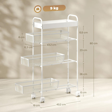 Cărucior de bucătărie metalic, 3 coșuri, design subțire, 4 roți, alb