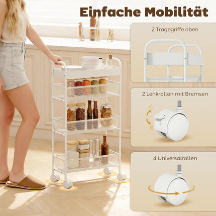 Cărucior de bucătărie metalic, 3 coșuri, design subțire, 4 roți, alb