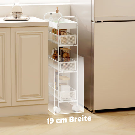 Cărucior de bucătărie metalic, 3 coșuri, design subțire, 4 roți, alb