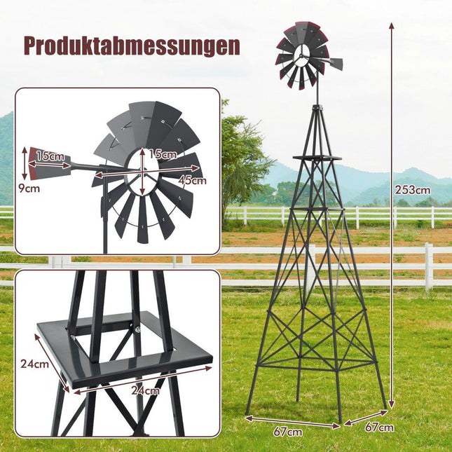 Roată metalică cu 4 picioare de sprijin Moara de vânt rezistentă la intemperii pentru curte de grădină 67 x 67 x 253 cm gri