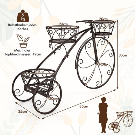 Suport metalic pentru plante cu design de bicicletă, suport pentru coș cu 3 niveluri