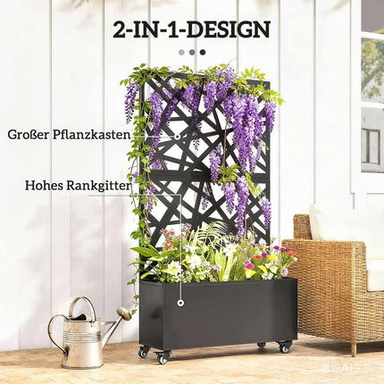Jardinieră metalică cu spalier, roți, 90x30x160 cm