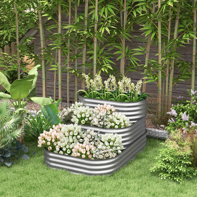 Pat înălțat din metal, cutie de jardiniera cu 3 niveluri, cutie de flori bricolaj, pat cu ierburi, cu margini de siguranță, pat de legume pentru grădină, balcon, argintiu