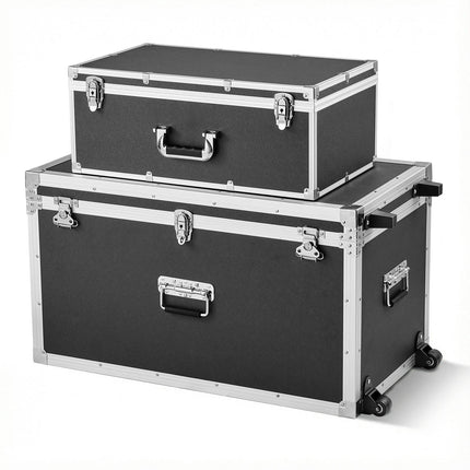 Metal Storage Trunks Set of 2, Locking, Casters, Black