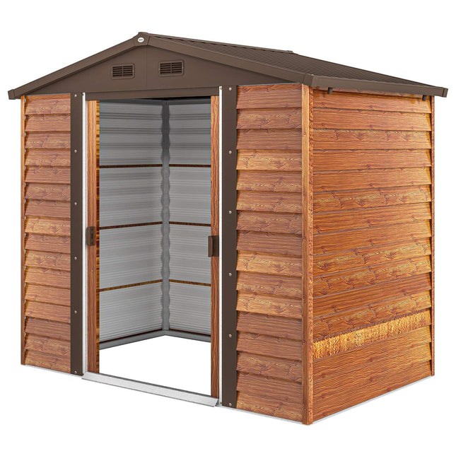 Magazin pentru scule din metal aspect lemn 3 m² 152 x 235,7 x 208,7 cm Apotel pentru scule cu fereastră de acoperiș cu fronton Uși glisante duble Adăpost de grădină rezistent la intemperii Adăpost de grădină în aer liber pentru curte maro |