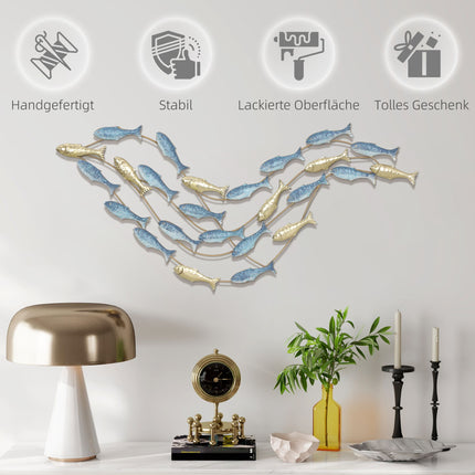Decorațiune murală metalică, model cu pești, rezistentă la rugină, albastru deschis
