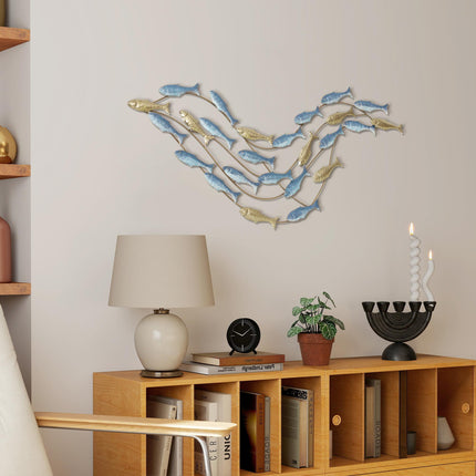 Decorațiune murală metalică, model cu pești, rezistentă la rugină, albastru deschis