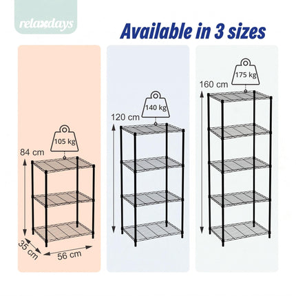 Metal Wire Shelving Unit with 5 Tiers and Levelling Feet, Black, 160 cm
