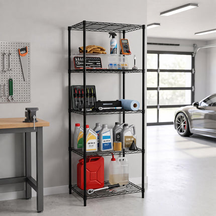 Metal Wire Shelving Unit with 5 Tiers and Levelling Feet, Black, 160 cm